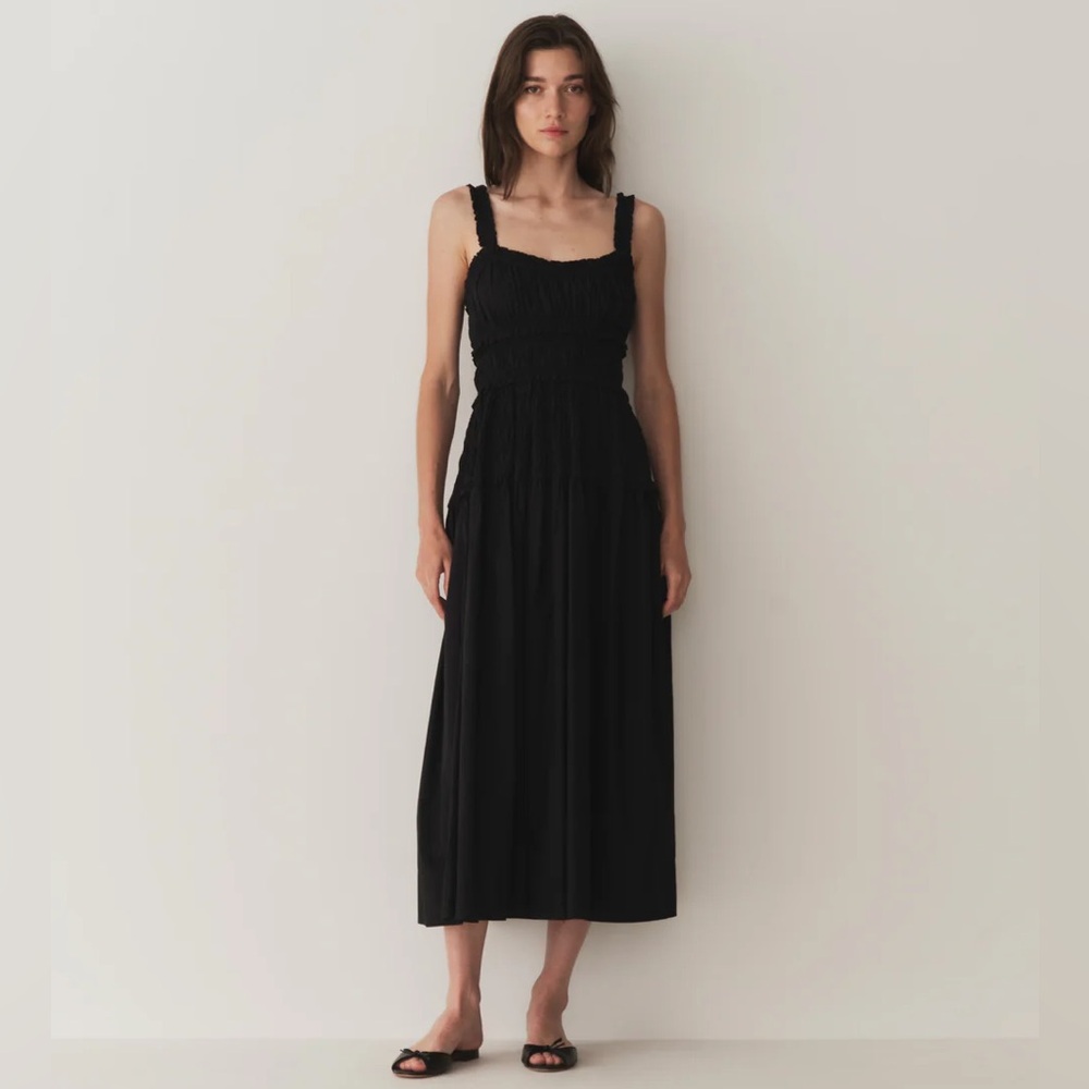 Doen Marianne Midi Black Smocked Cotton Poplin Dress size XXS